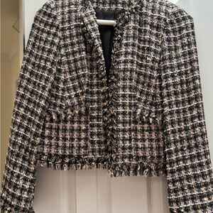 Black and White Cropped Houndstooth Blazer with Fringe